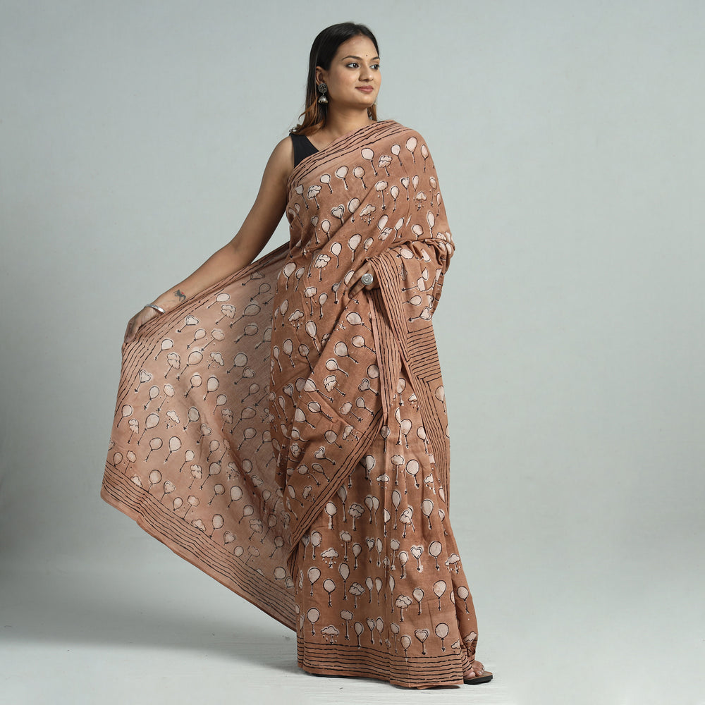 Brown - Bindaas Art Block Printed Natural Dyed Cotton Saree 02