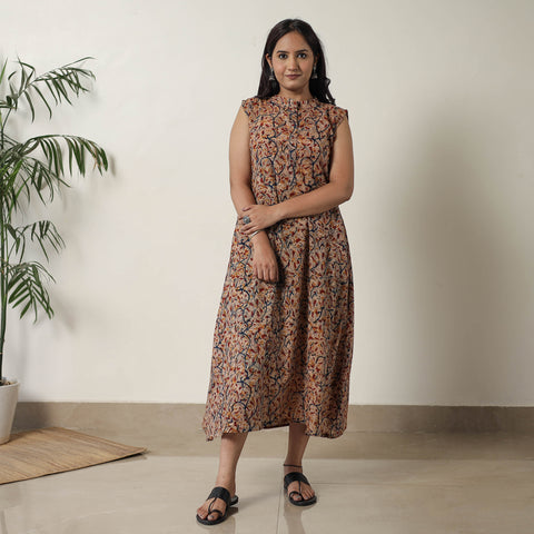 Beige - Pedana Kalamkari Block Printed Cotton Dress 17