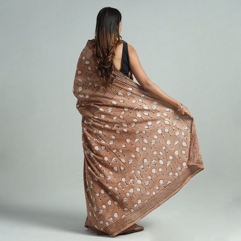 Brown - Bindaas Art Block Printed Natural Dyed Cotton Saree 02