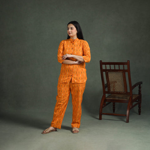 Orange - Pochampally Ikat Cotton Night Suit Set for Women 05