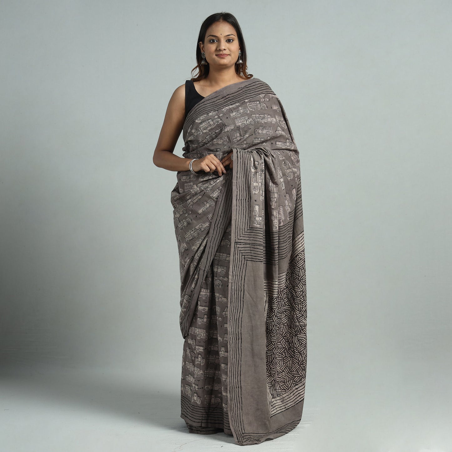 Grey - Bindaas Art Block Printed Natural Dyed Cotton Saree 14