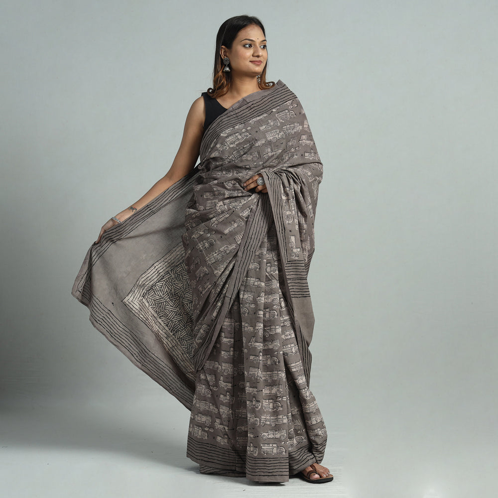 Grey - Bindaas Art Block Printed Natural Dyed Cotton Saree 14