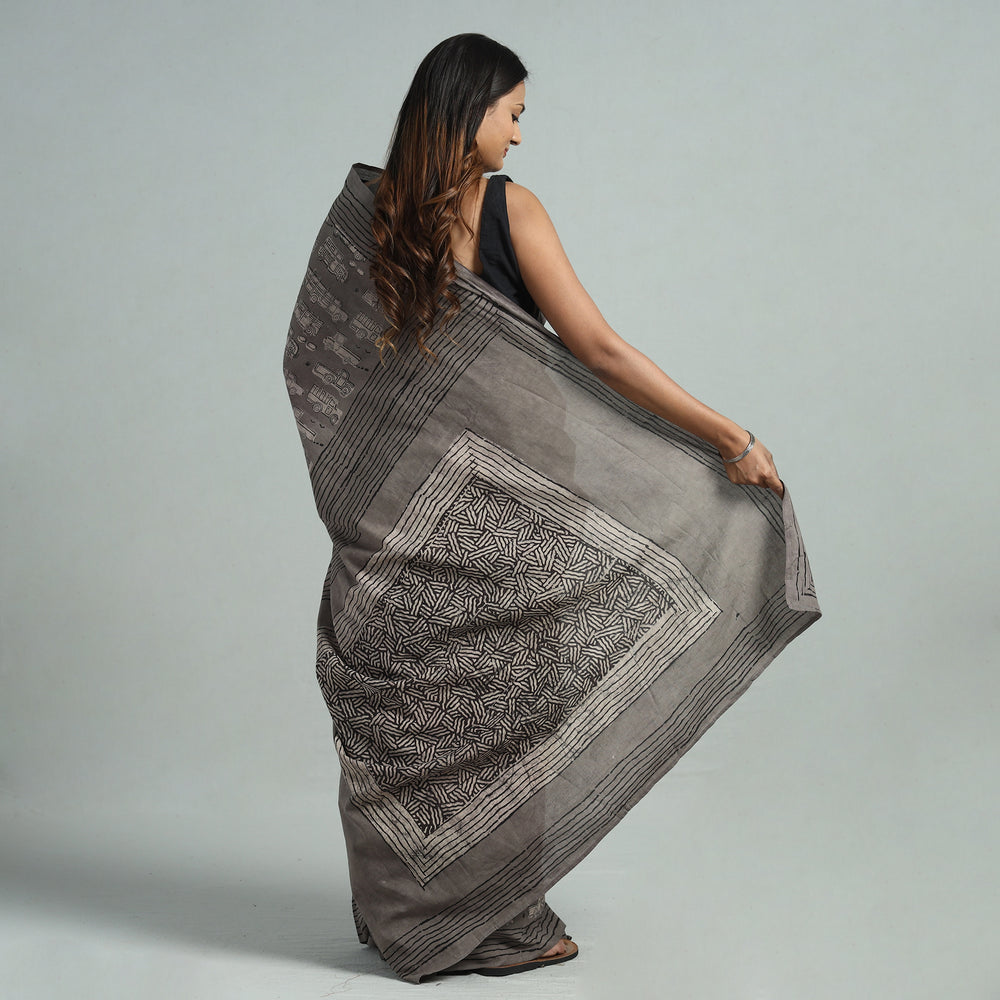 Grey - Bindaas Art Block Printed Natural Dyed Cotton Saree 14