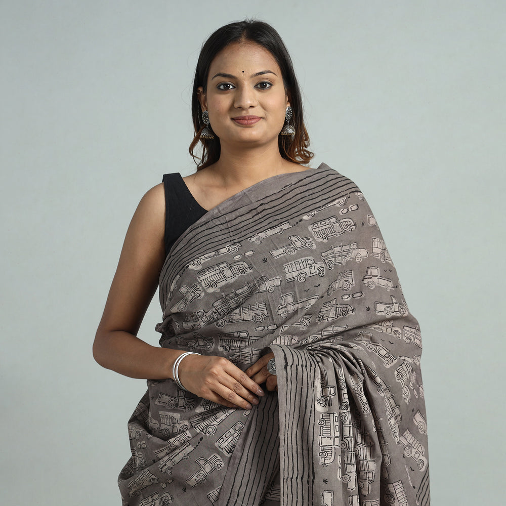 Grey - Bindaas Art Block Printed Natural Dyed Cotton Saree 14