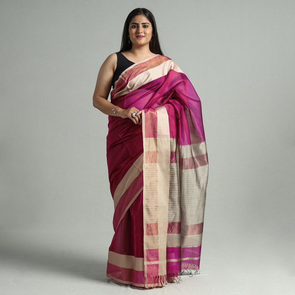 Maroon - Traditional Maheshwari Silk Cotton Handloom Saree with Resham Zari Border 45