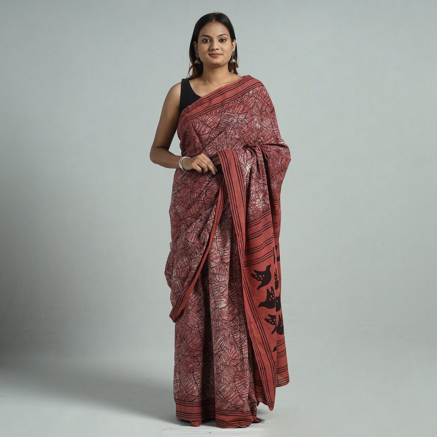Red - Bindaas Art Block Printed Natural Dyed Cotton Saree 19