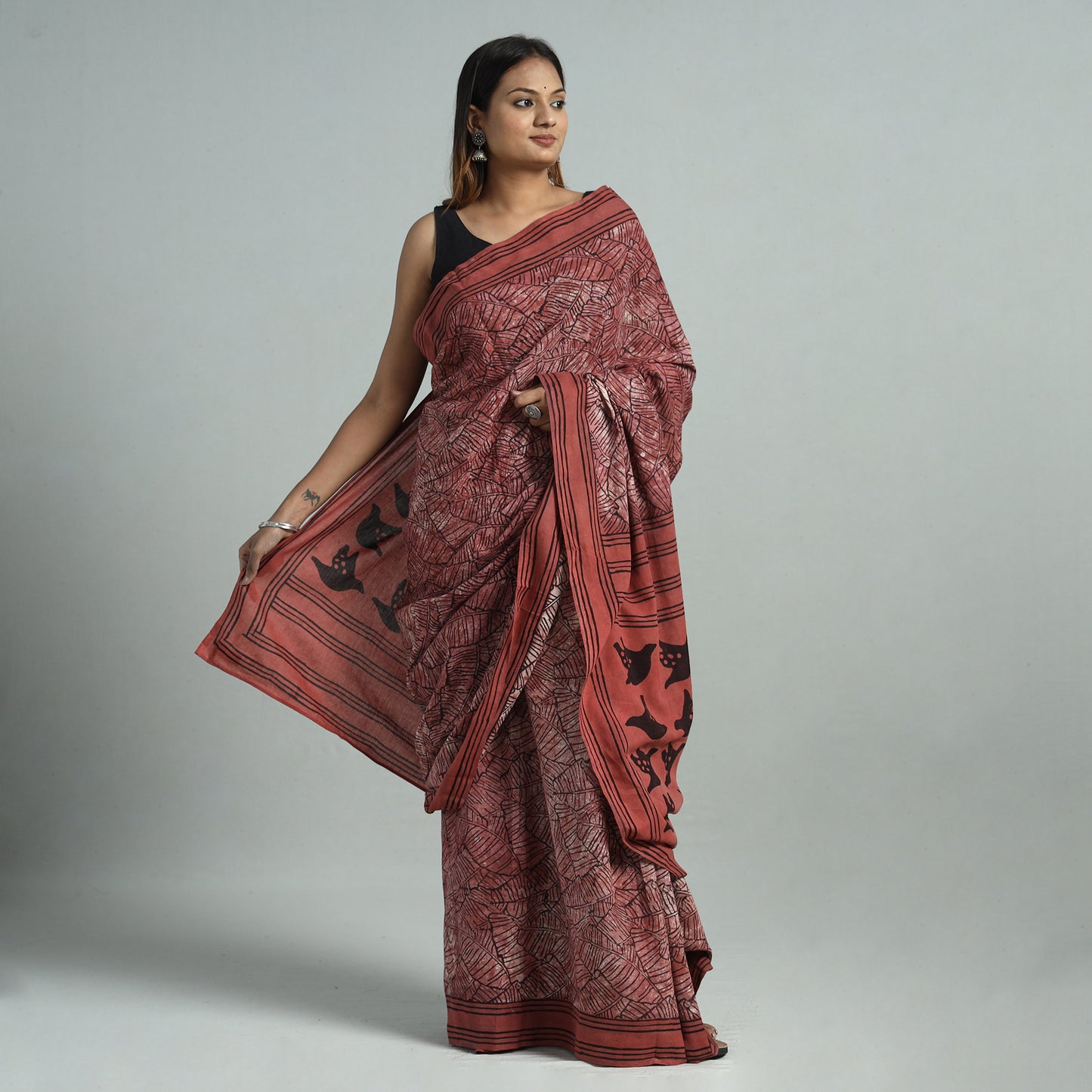 Red - Bindaas Art Block Printed Natural Dyed Cotton Saree 19