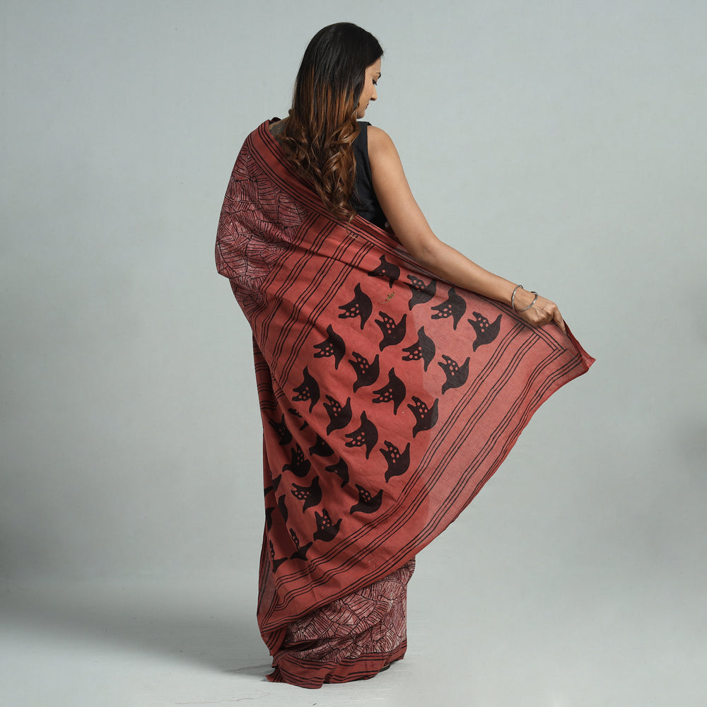 Red - Bindaas Art Block Printed Natural Dyed Cotton Saree 19