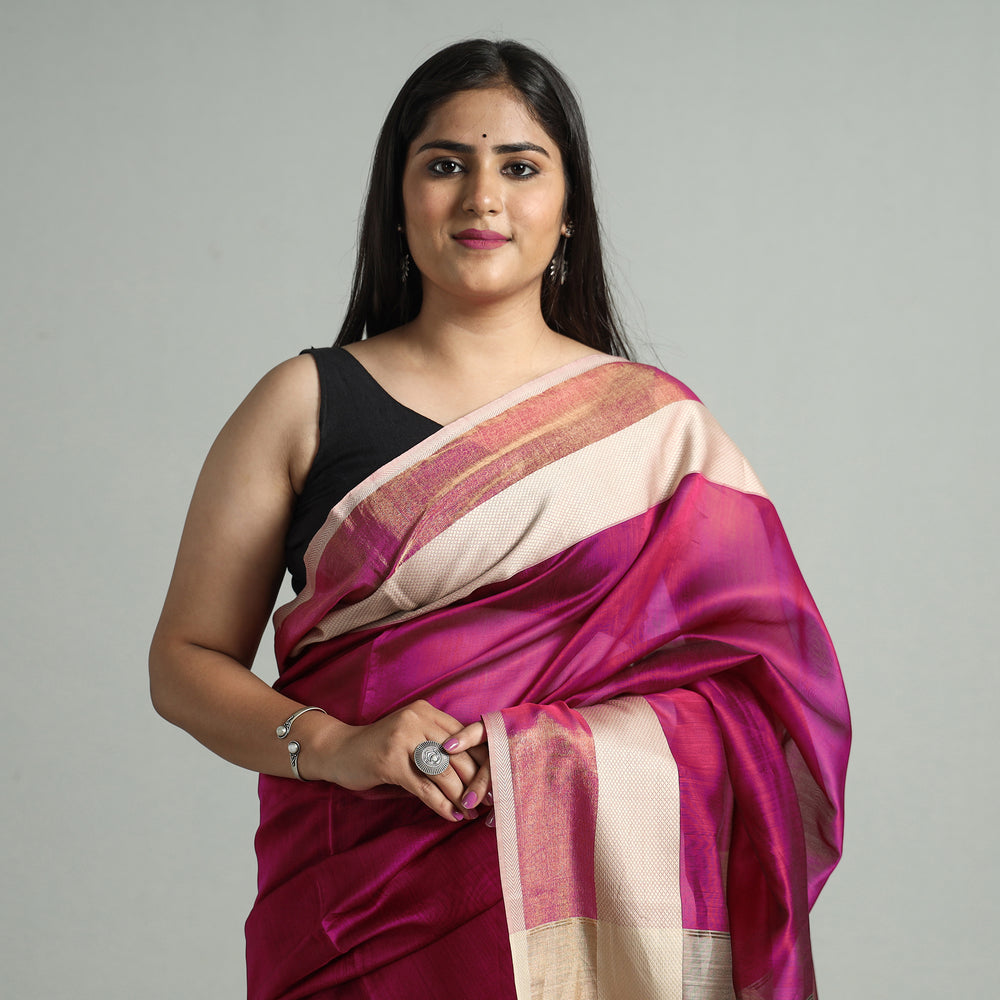 Maroon - Traditional Maheshwari Silk Cotton Handloom Saree with Resham Zari Border 45