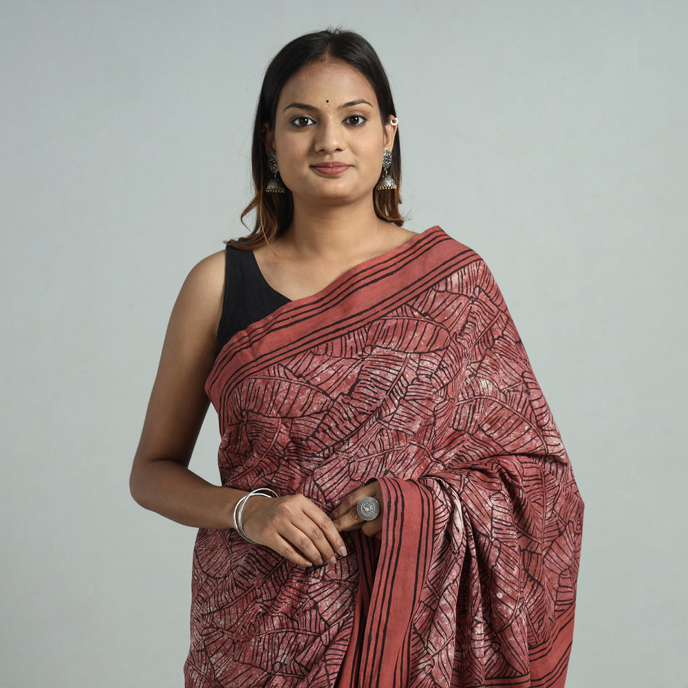 Red - Bindaas Art Block Printed Natural Dyed Cotton Saree 19