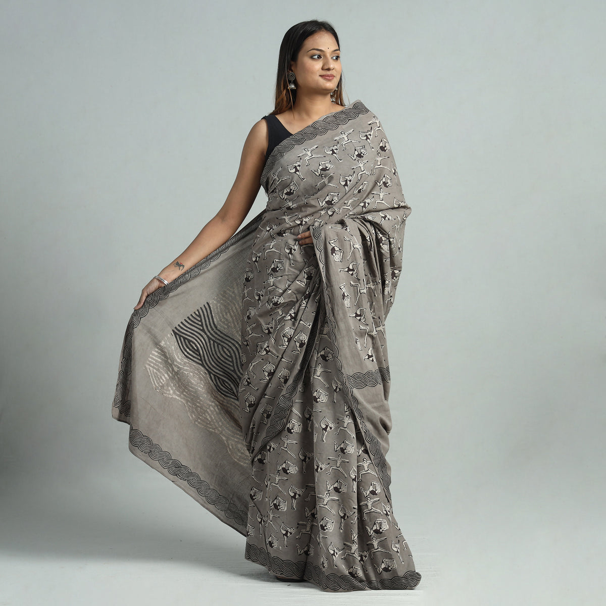 Grey - Bindaas Art Block Printed Natural Dyed Cotton Saree 06