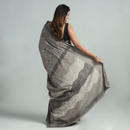 Grey - Bindaas Art Block Printed Natural Dyed Cotton Saree 06