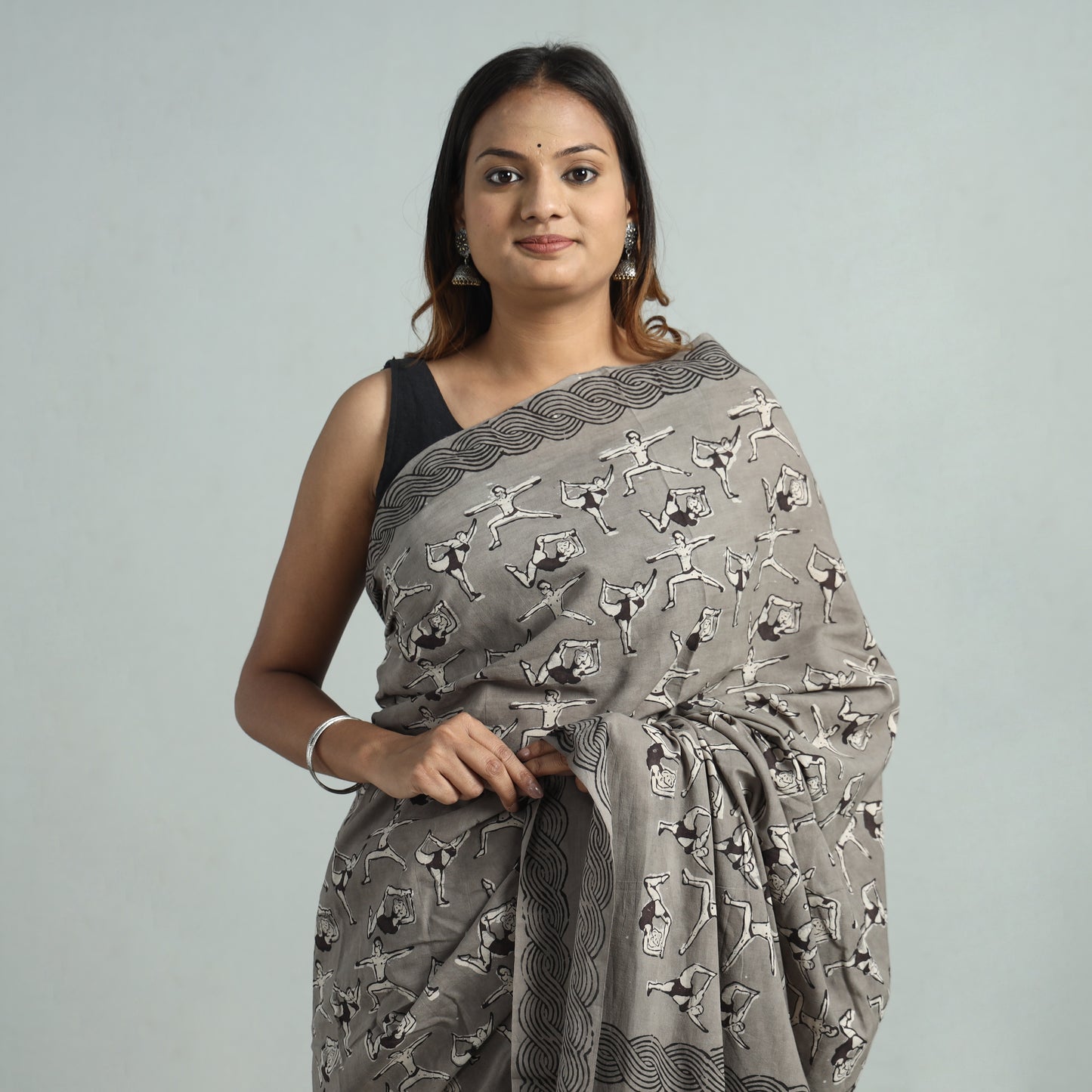 Grey - Bindaas Art Block Printed Natural Dyed Cotton Saree 06