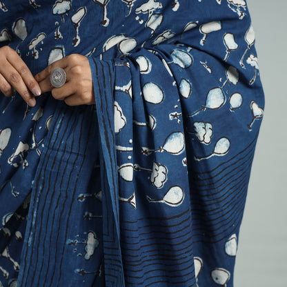 Blue - Bindaas Art Block Printed Natural Dyed Cotton Saree 18