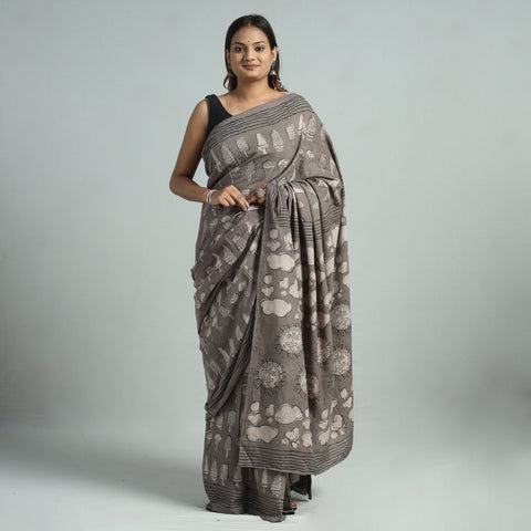 Grey - Bindaas Art Block Printed Natural Dyed Cotton Saree 12