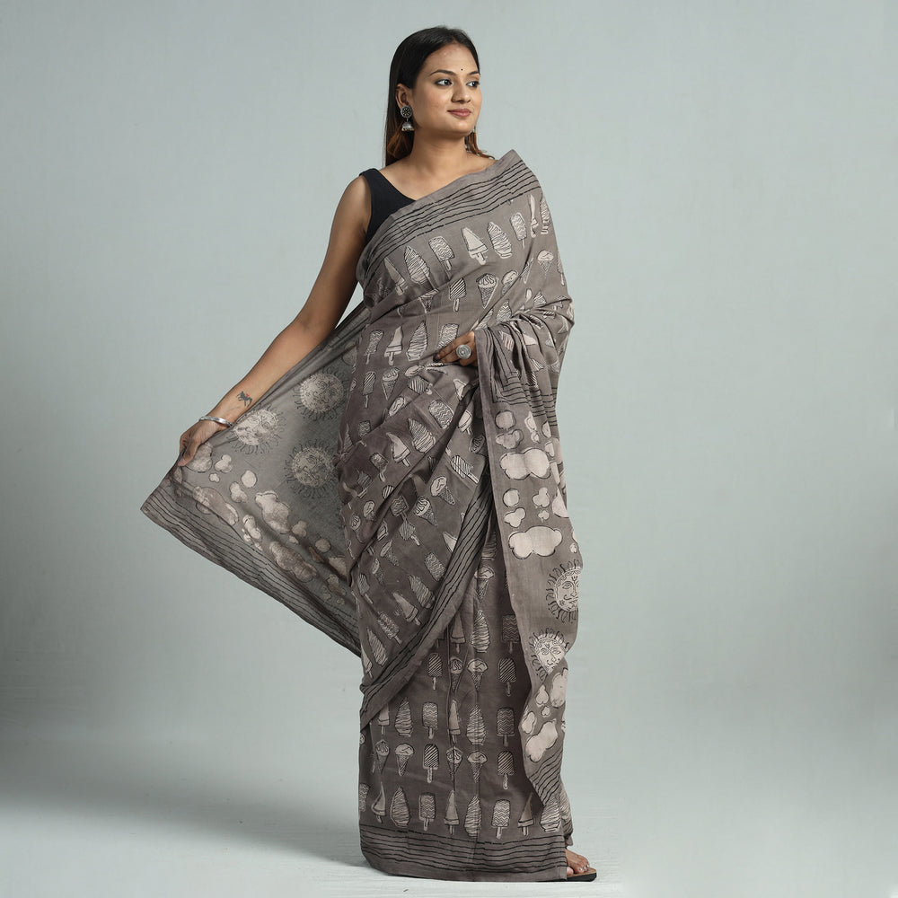 Grey - Bindaas Art Block Printed Natural Dyed Cotton Saree 12