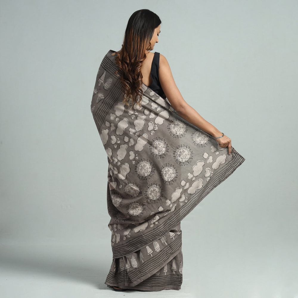 Grey - Bindaas Art Block Printed Natural Dyed Cotton Saree 12