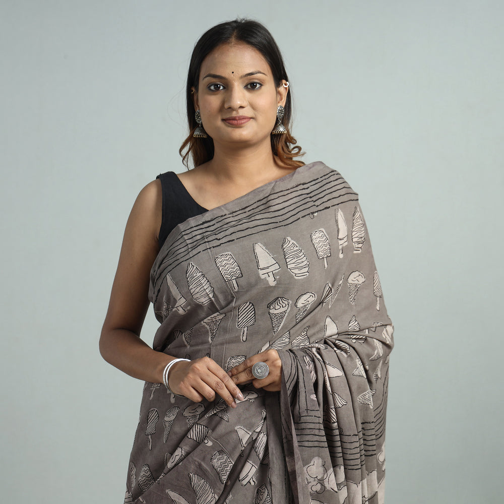 Grey - Bindaas Art Block Printed Natural Dyed Cotton Saree 12