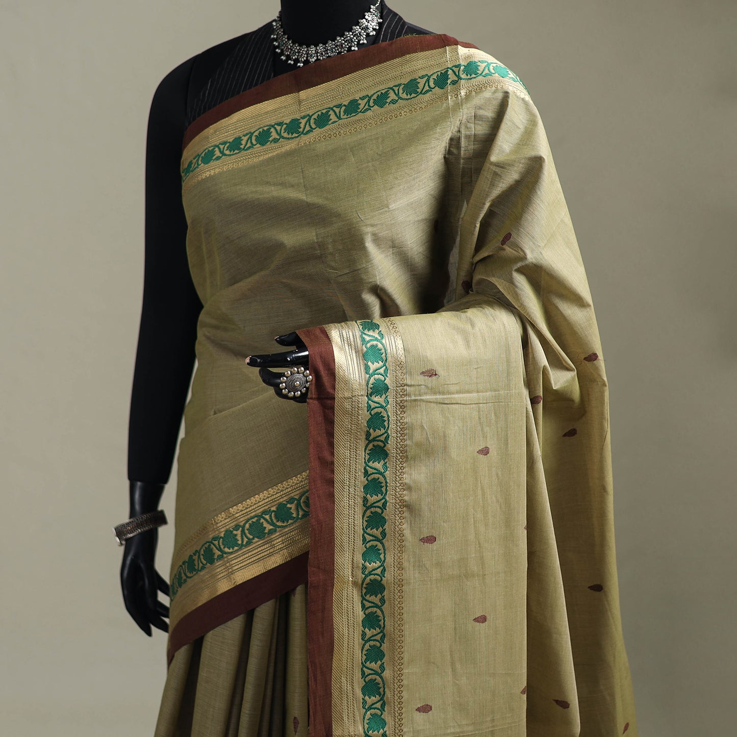 Green - Kanchipuram Buti Cotton Saree with Border 17