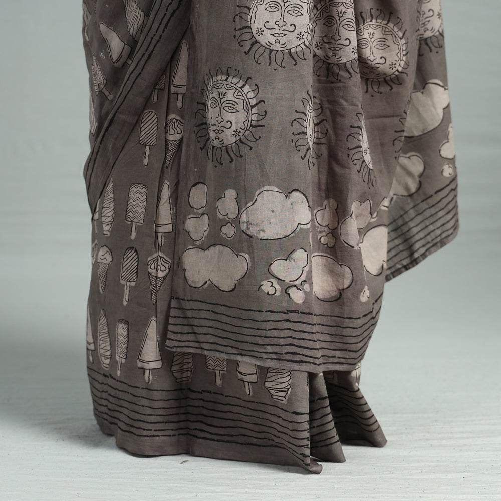 Grey - Bindaas Art Block Printed Natural Dyed Cotton Saree 12