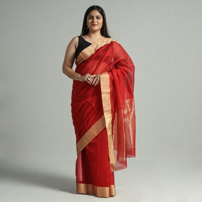 Red - Traditional Chanderi Silk Cotton Handloom Saree with Zari Border 48
