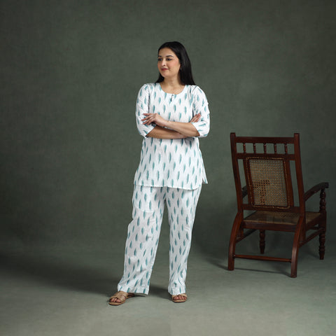 White - Pochampally Ikat Cotton Night Suit Set for Women 17