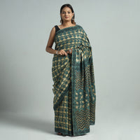 Green - Bindaas Art Block Printed Natural Dyed Cotton Saree 23