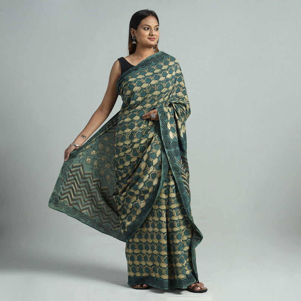 Green - Bindaas Art Block Printed Natural Dyed Cotton Saree 23