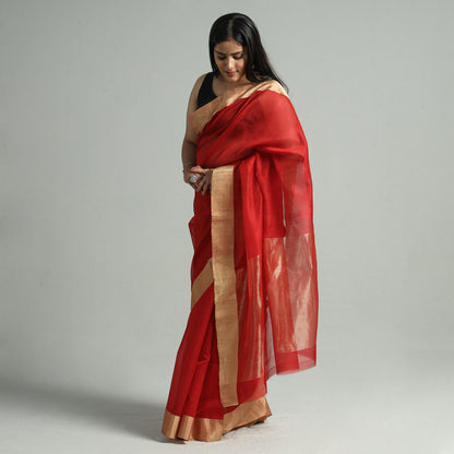 Red - Traditional Chanderi Silk Cotton Handloom Saree with Zari Border 48