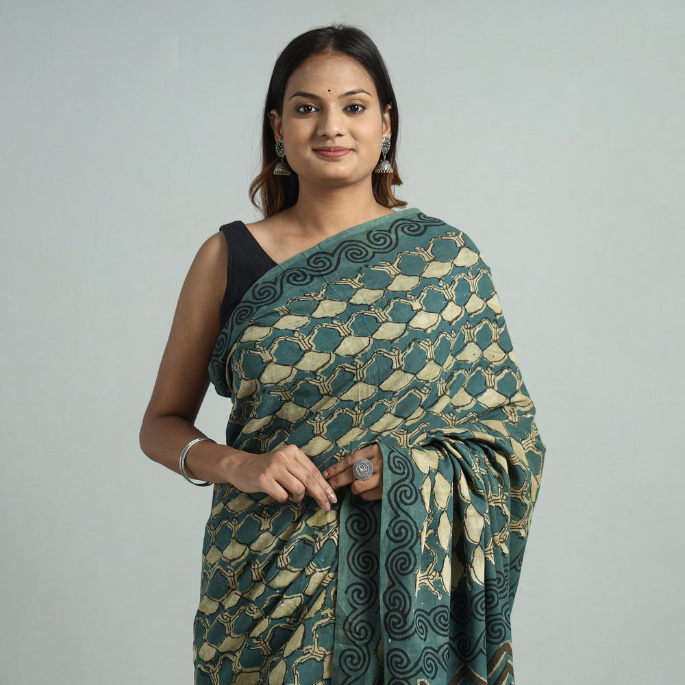 Green - Bindaas Art Block Printed Natural Dyed Cotton Saree 23