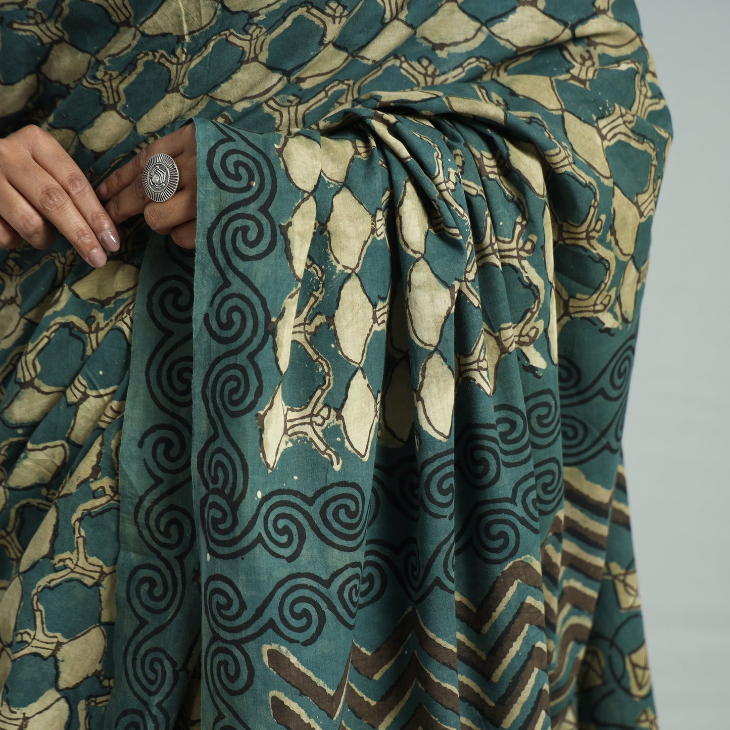 Green - Bindaas Art Block Printed Natural Dyed Cotton Saree 23