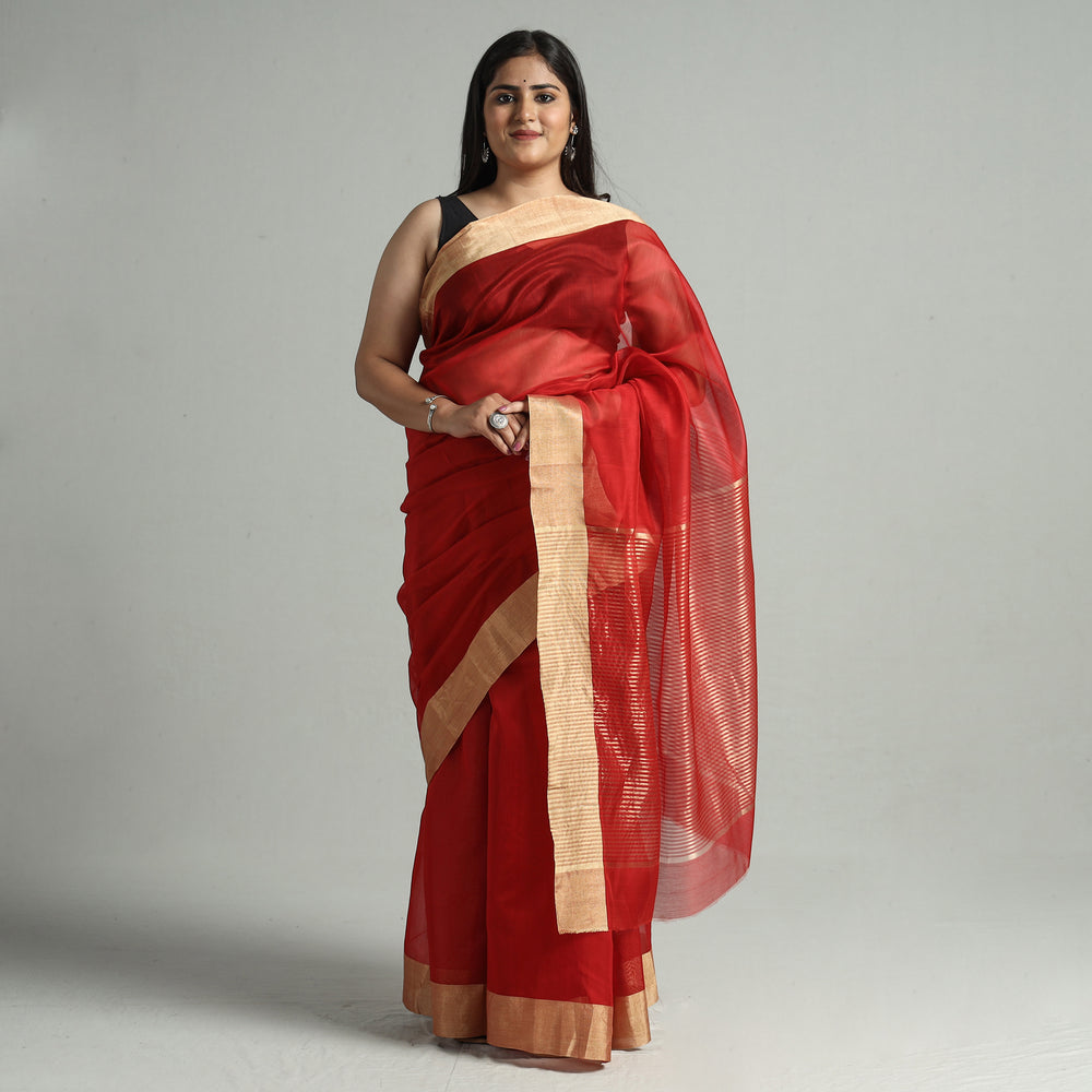 Red - Traditional Chanderi Silk Cotton Handloom Saree with Zari Border 49