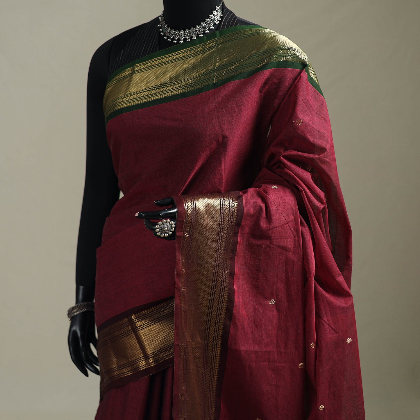 Red - Kanchipuram Buti Cotton Saree with Border 19