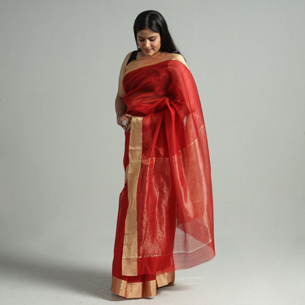 Red - Traditional Chanderi Silk Cotton Handloom Saree with Zari Border 49