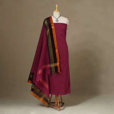 Maroon 2pc Kandangi Chettinad Dress Material with Jewellery Set