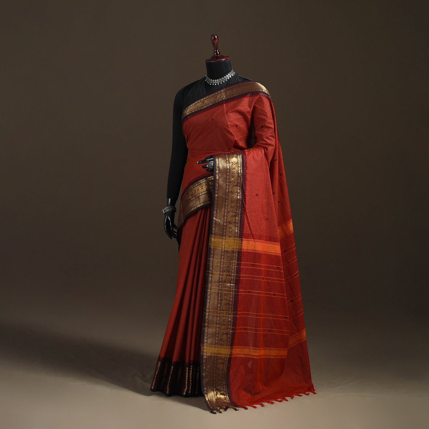 Checks Buti Cotton Zari Border Kanchipuram Saree 03