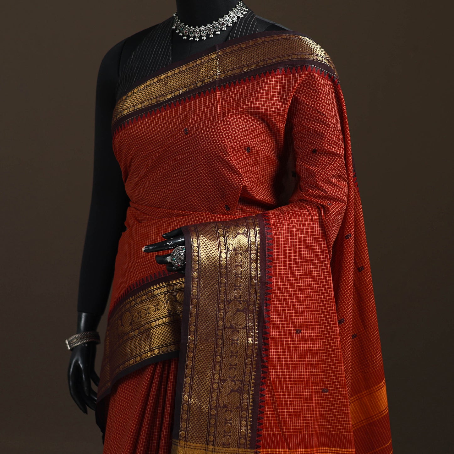 Checks Buti Cotton Zari Border Kanchipuram Saree 03