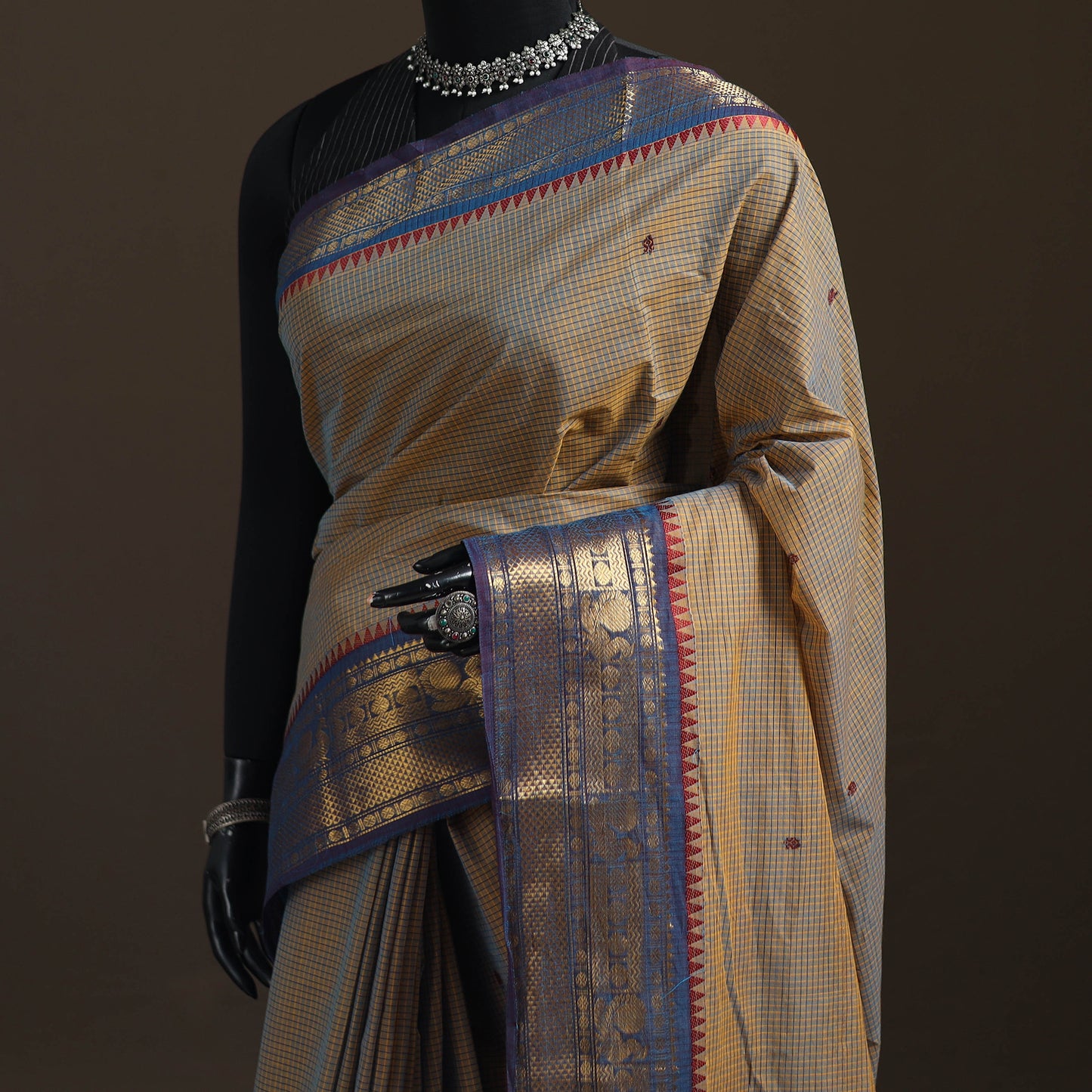 Checks Buti Cotton Zari Border Kanchipuram Saree 01