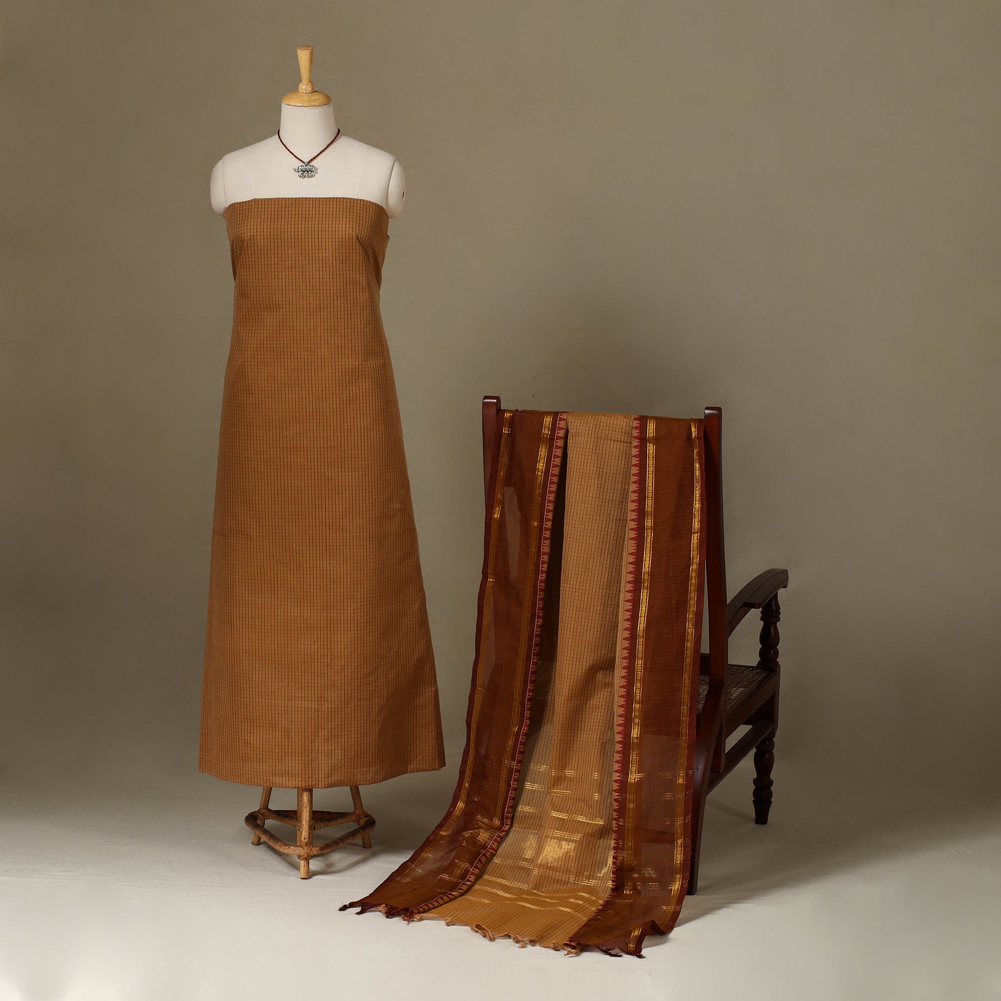 Brown - Kandangi Chettinad Cotton 2pc Unstitched Dress Material 02