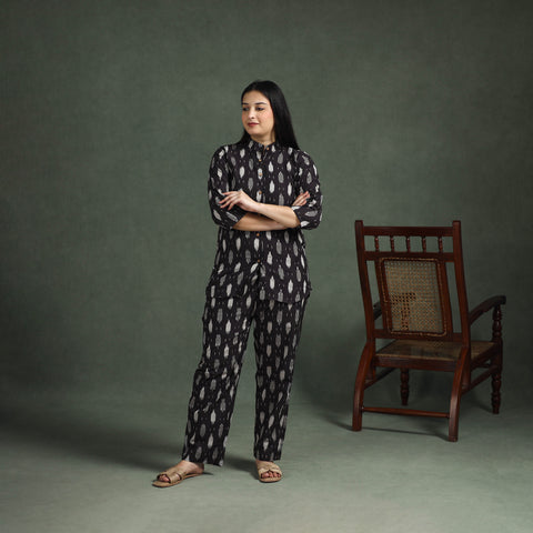 Black - Pochampally Ikat Cotton Night Suit Set for Women 01