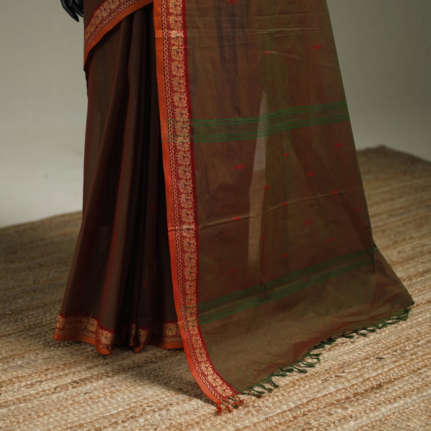 Brown - Kanchipuram Buti Cotton Saree with Border 22