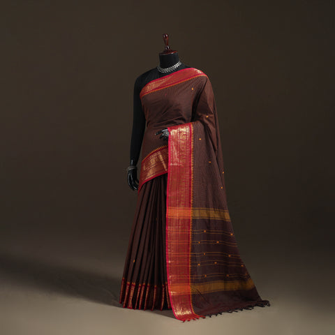 Brown - Checks Buti Cotton Zari Border Kanchipuram Saree 06