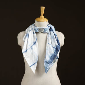 White - Blue - Shibori Tie-Dye Cotton Brooch Scarf 05