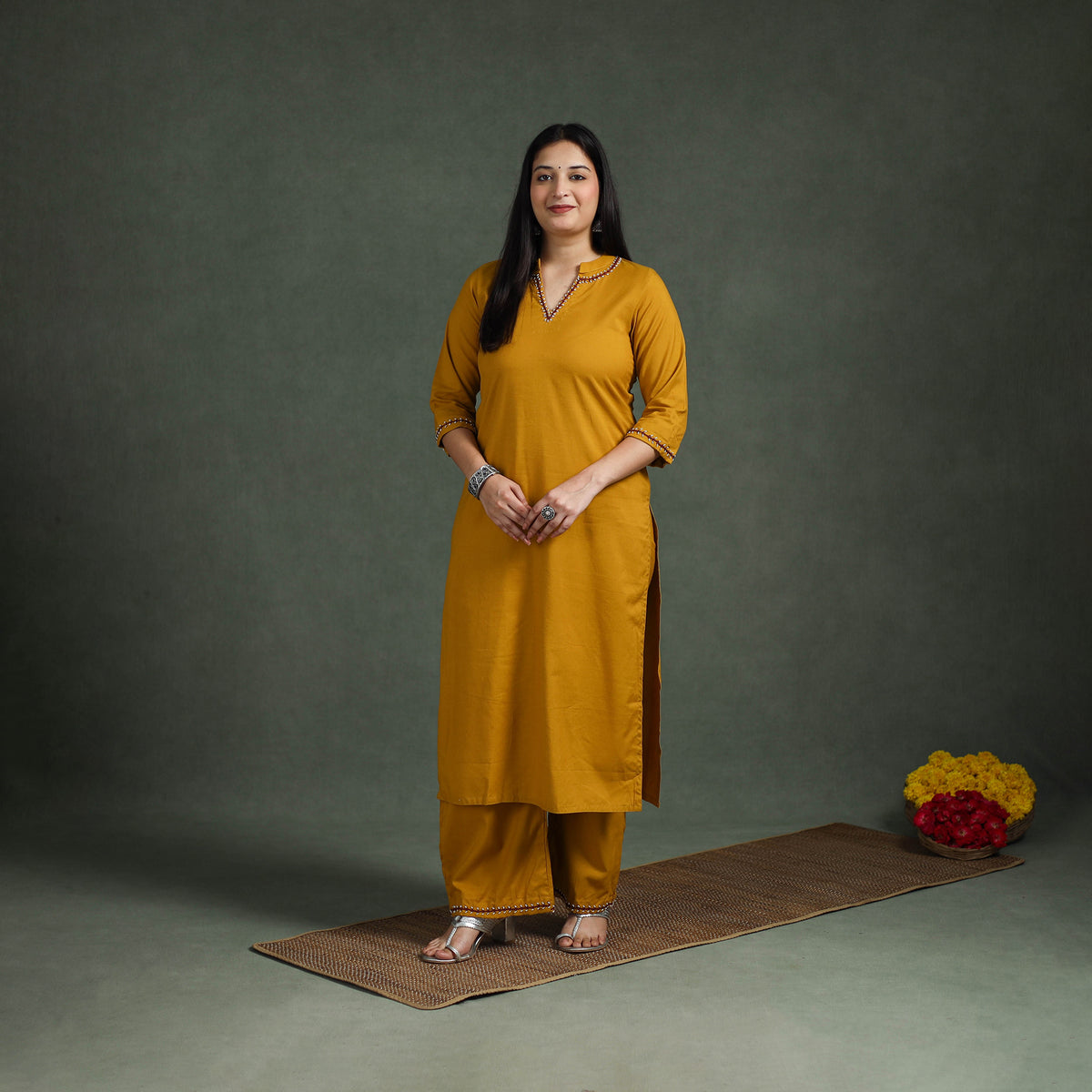 Plain Banana Fiber Soft Cotton Bead Work Straight Kurta with Palazzo Set for women 05
