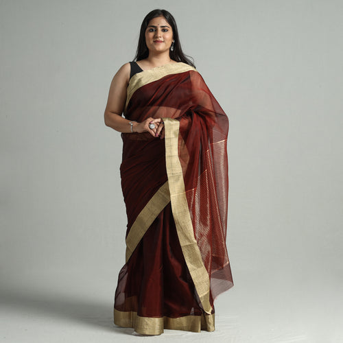 Maroon - Traditional Chanderi Silk Cotton Handloom Saree with Zari Border 52