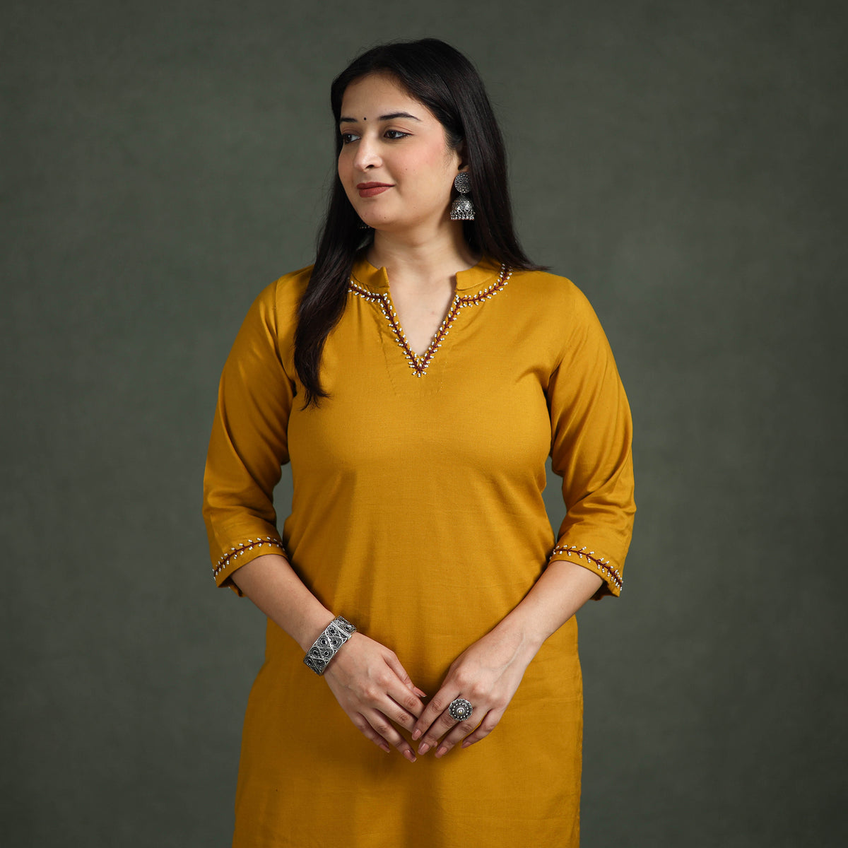 Plain Banana Fiber Soft Cotton Bead Work Straight Kurta with Palazzo Set for women 05