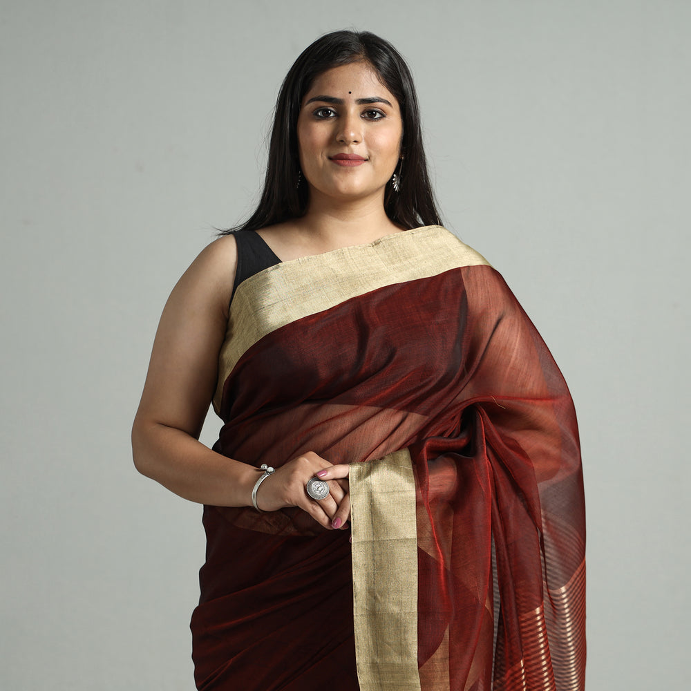 Maroon - Traditional Chanderi Silk Cotton Handloom Saree with Zari Border 52