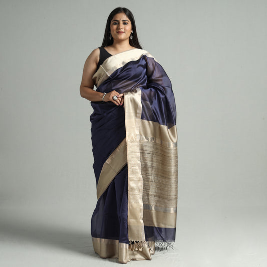 Blue - Traditional Mulberry Silk Handloom Saree with Tassels 53