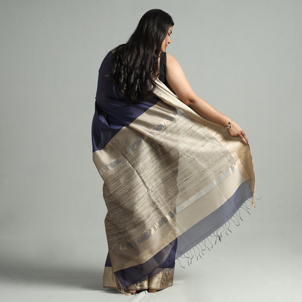 Blue - Traditional Mulberry Silk Handloom Saree with Tassels 53