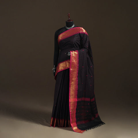 Black - Stripes Buti Cotton Zari Border Kanchipuram Saree 09
